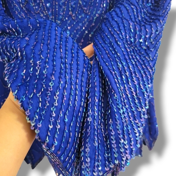 Denise Elle Royal Blue Beaded 100% Silk Formal Blouse Top‎ Size Medium - Picture 6 of 7
